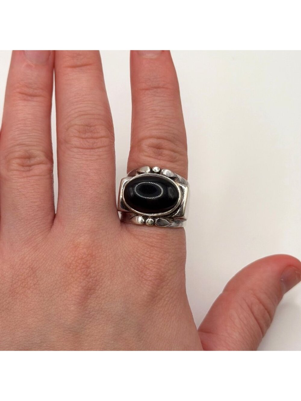 925 Sterling Silver & Black Onyx Ring Chunky Design Size 6.5